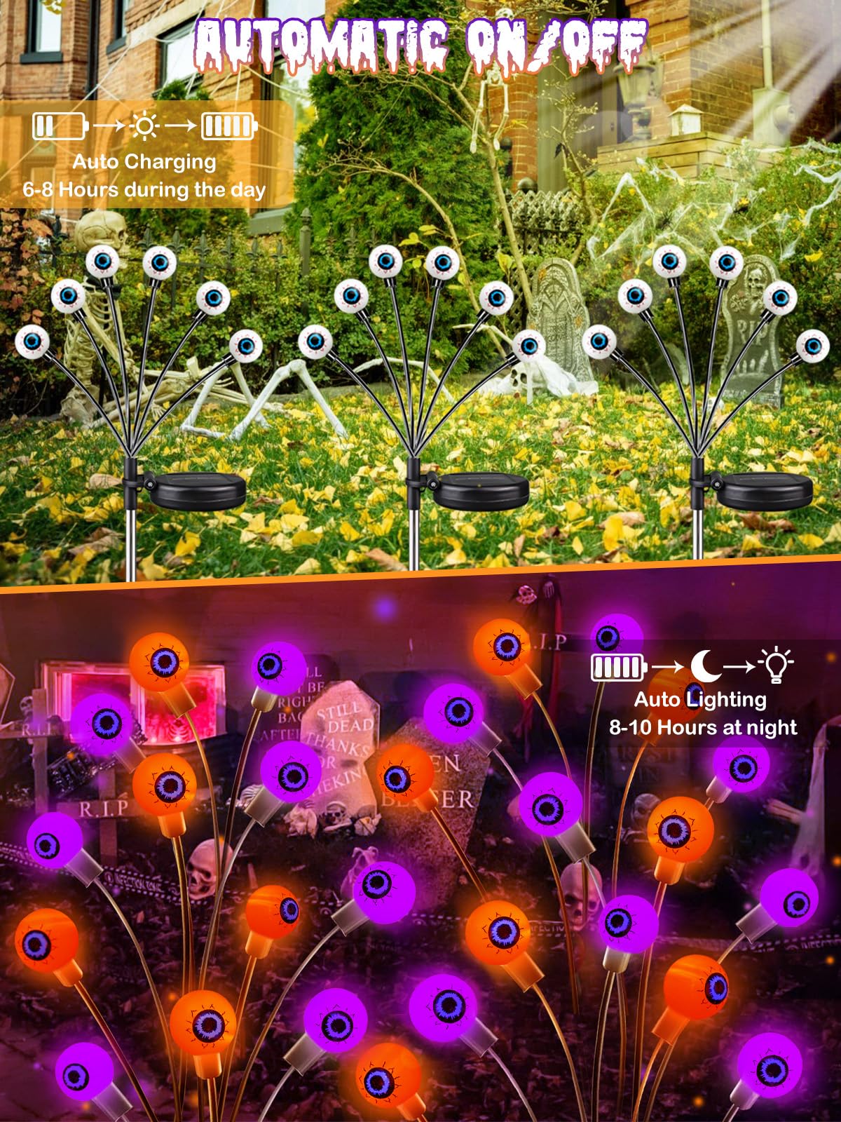 6 Pack Halloween Decorations Outdoor Solar Eyeball Lights, Purple and Orange Scary Eyeball Swaying Firefly Lights with 2 Modes, Waterproof Halloween Pathway Lights for Yard Garden Lawn Party Decor