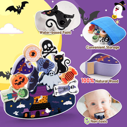 IPOURUP Halloween Toys for Kids 3-10 Kids Wooden Stacking Blocks Toy Birthday Gifts for 4 5 6 7 8 9 Year Old Boys Girls Toy Kid Balance Competition Games for Ages 5-7 Party Favors Boo Basket Stuffers
