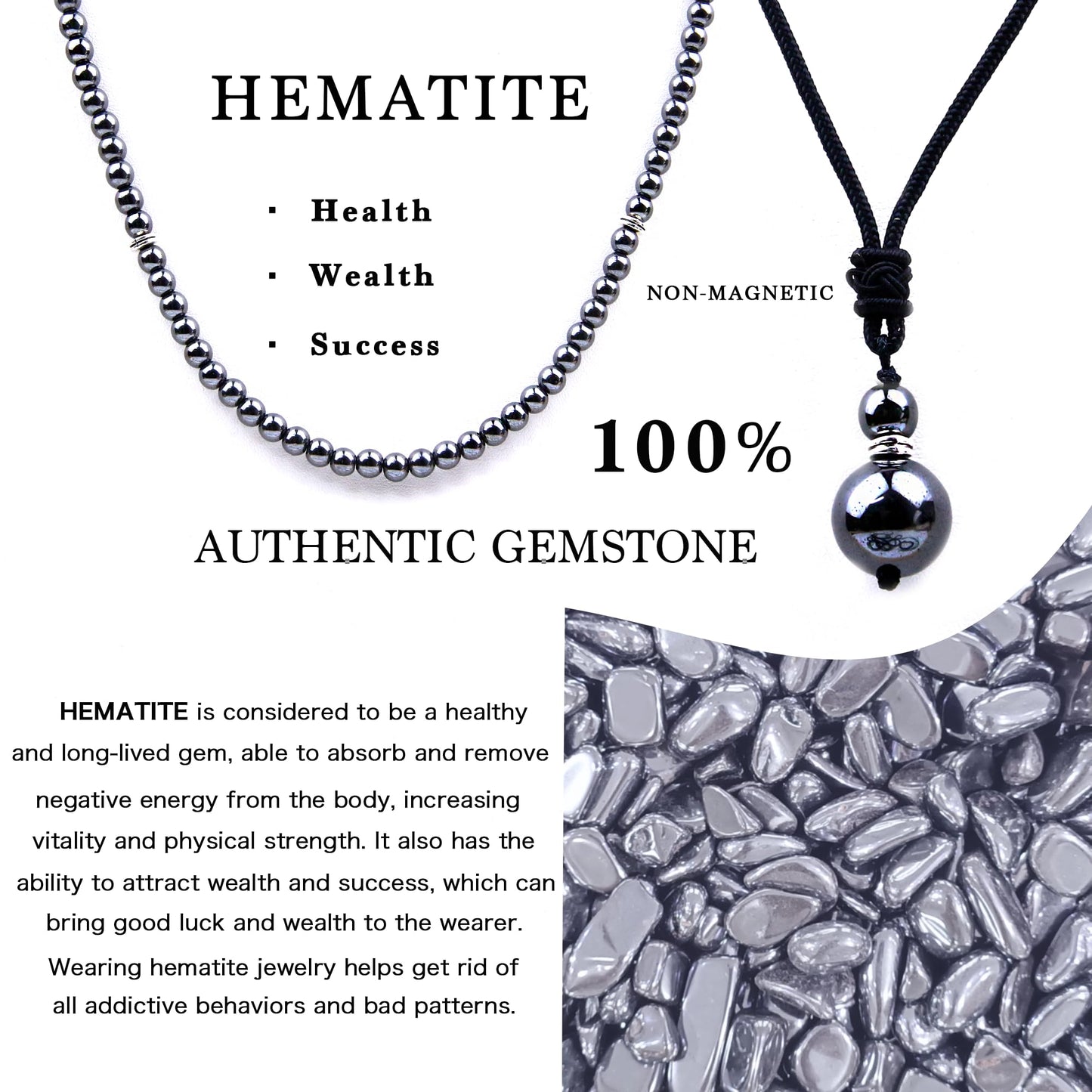 2Pcs Hematite Necklace - Beaded Necklace for Men - Protection Necklace Men Choker Necklaces Hematite Beads Pendant Jewelry Gifts for Men