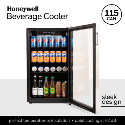 Honeywell Beverage Refrigerator and Cooler, 115 Can Mini Fridge with Glass Door for Soda Beer or Wine for Office or Bar with Adjustable Removable Shelving, Commercial Grade