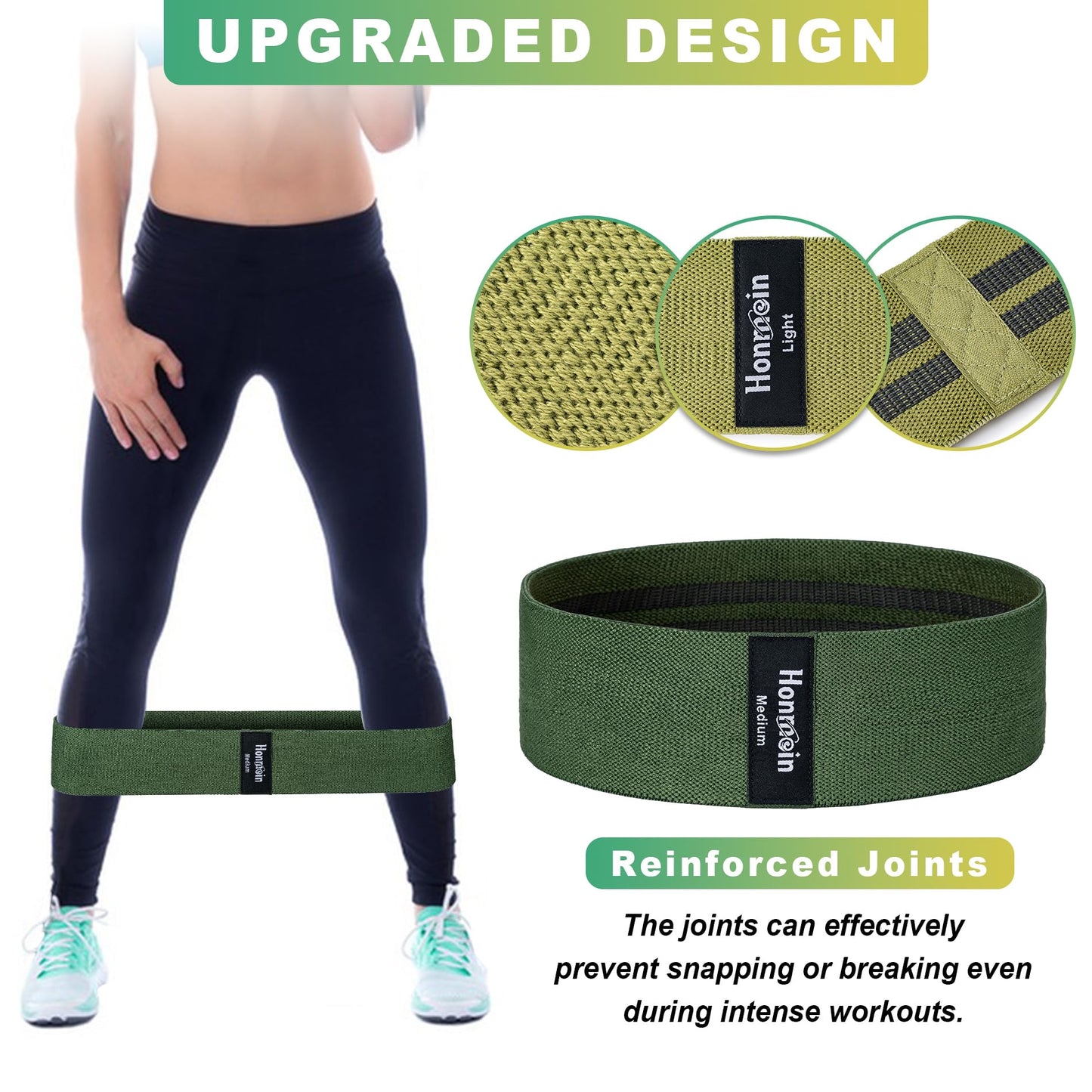 Honmein Resistance Bands for Working Out, 3 Levels Exercise Bands Workout Bands Set for Women Men, Hip Legs Booty Bands for Home Fitness, Gym, Yoga, Pilates(Green)