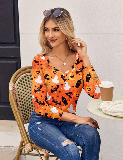 Zeagoo Halloween Tops Womens Orange bat Tee Shirt Long Sleeve T Shirts V Neck Tops Casual Basic Tee Tops M