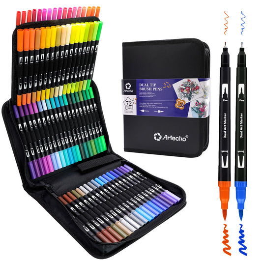 Artecho 72 Colors Markers for Adult Coloring Books No Bleeding, Dual Tip Markers for School, Fine and Brush Tip for Adults Coloring Books, Calligraphy, Drawing, Sketching