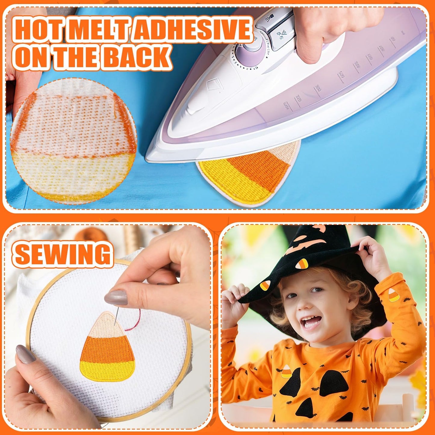 AUGSUN 30pcs Halloween Candy Corn Iron On Patches Embroidered Sew On Applique Repair Patch DIY Crafts for Clothing Jacket Jeans Pants Dress Backpack Hat