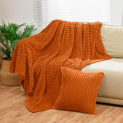 Bnuitland Burnt Orange Flannel Throw (50X71 inches) with Pillow Cover(18×18"),300GSM Super Soft Fleece Stripe Pattern Sofa Blanket, Lightweight Cozy Bed Throw for Home Decor All Season
