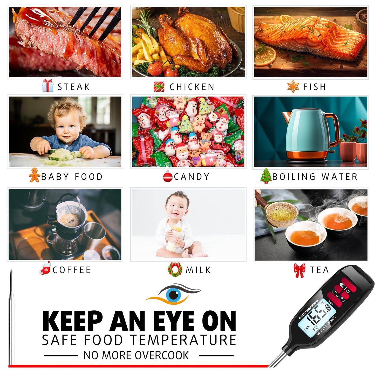 Antonki Meat Thermometer Digital, Smart Instant Read Food Thermometer with Super Long Probe for Cooking Grilling Baking Kitchen Candy BBQ Oil Liquid, Backlit Display, Battery Included