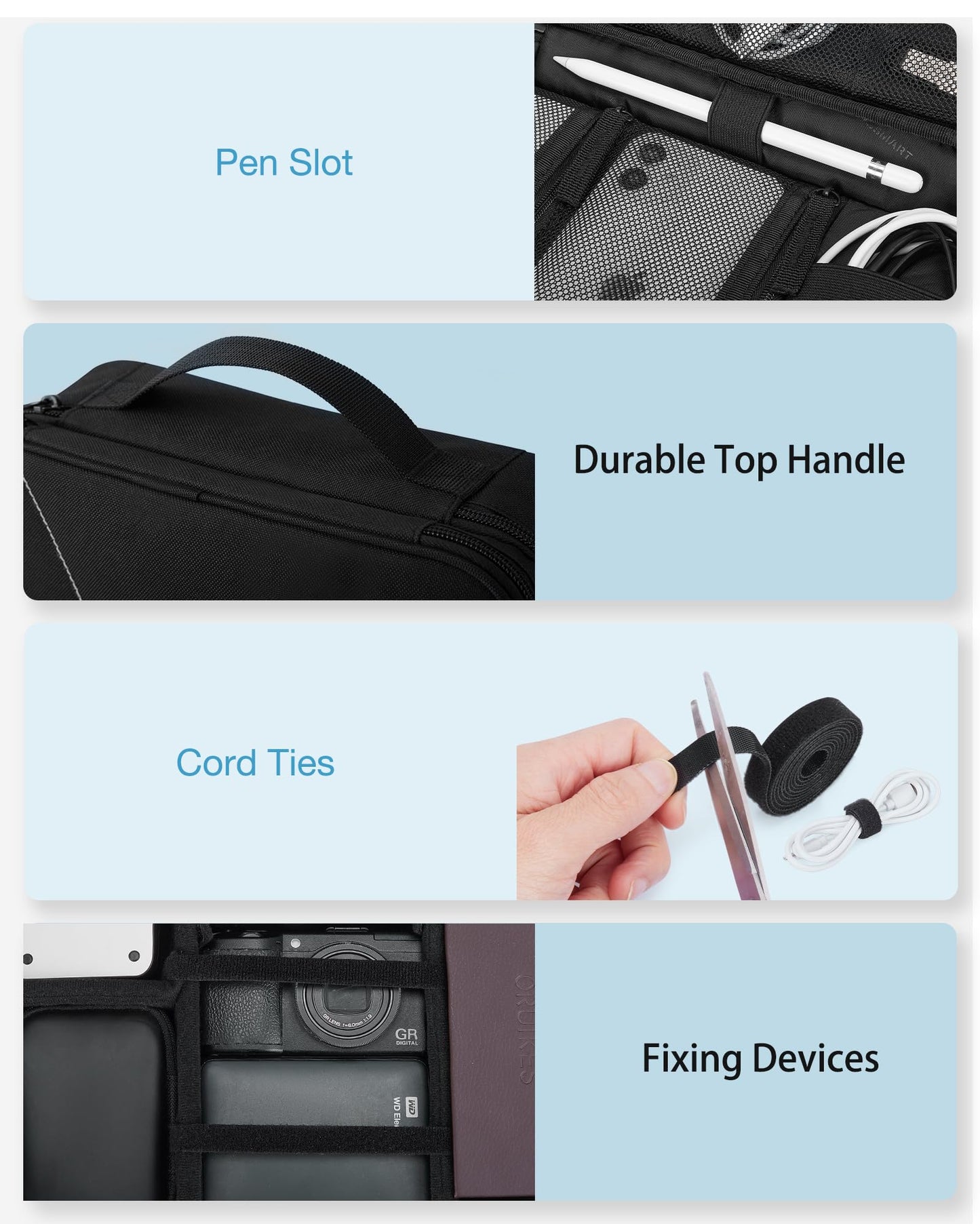 BAGSMART Cable Organizer Bag, Travel Electronics Organizer with Adjustable Divider, Tech Bag Carrying Case, Storage Bag Sturdy Tool Case with Handle for Cellphone Cord Electronics Accessories, Black