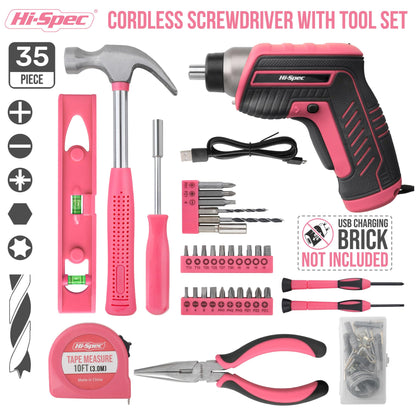 Hi-Spec 35pc Pink Tool Kit with 3.6V USB Electric Screwdriver and Drill Set. Complete Women Tool Set