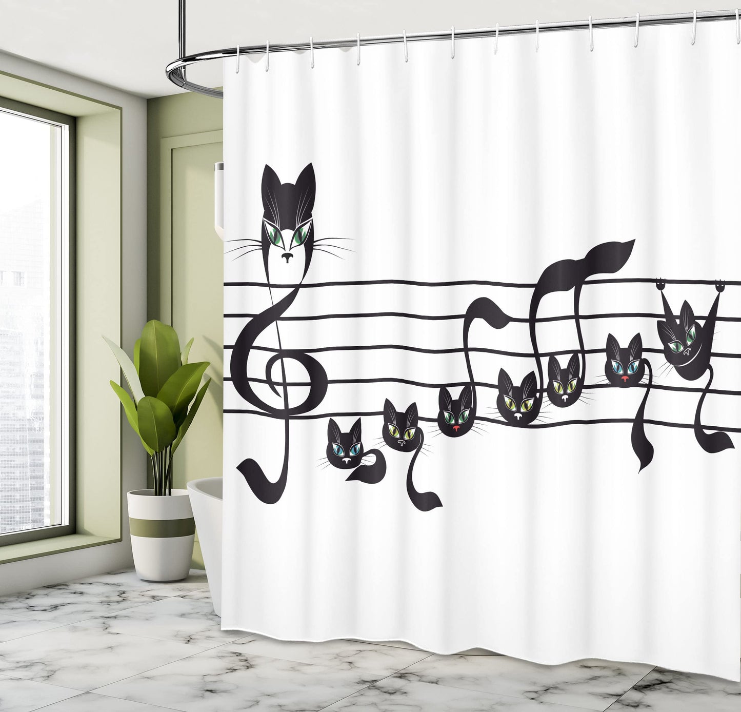 Ambesonne Music Shower Curtain, Notes of Kittens Kitty Cat Art Notation of Tune in Halloween Theme Monochrome Style of Artwork, Cloth Fabric Bathroom Set with Hooks, 69" W x 75" L, Cream and Black