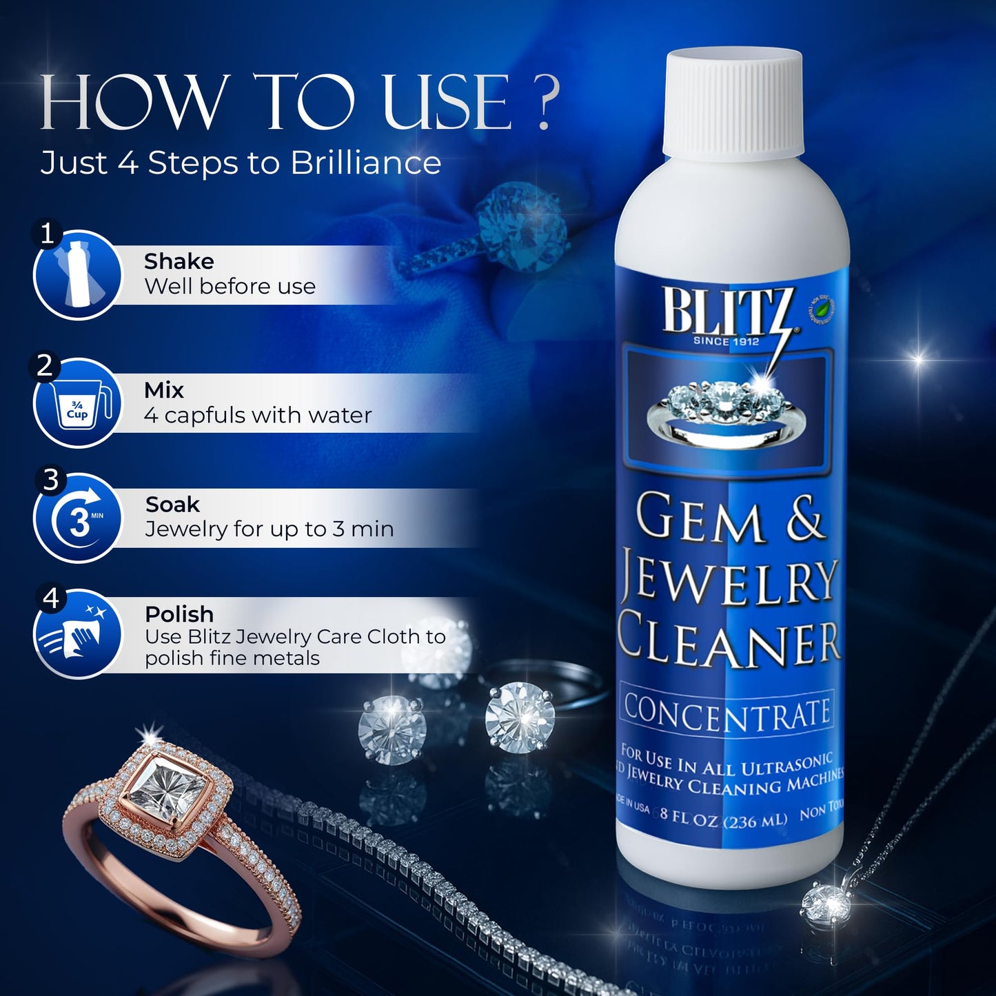 Blitz Gem & Jewelry Cleaner Liquid Concentrate for Gold, Silver, & Platinum Jewelry Cleans Non-Porous, Precious & Semi-Precious Stones. Non-Toxic, Non-Abrasive, & Planet Friendly Made in USA 8oz