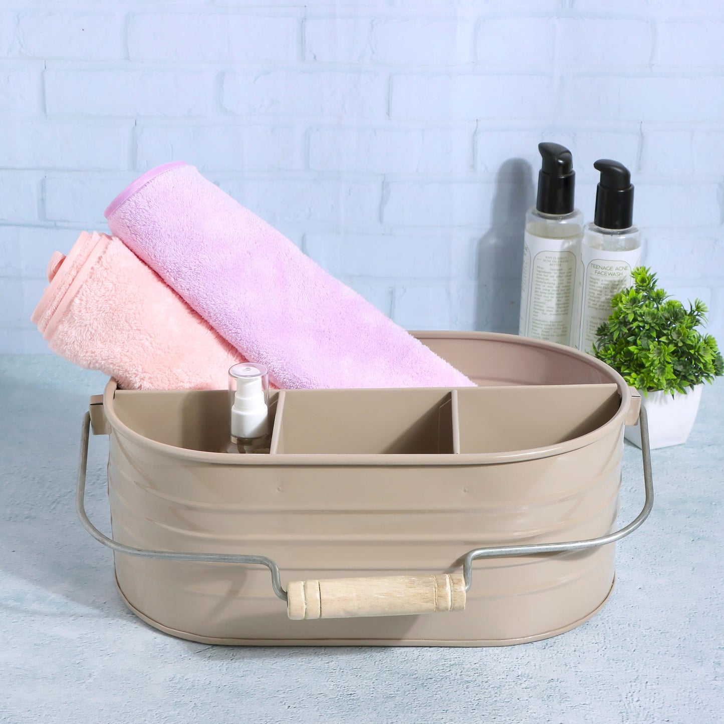 Alpha Living Home Multi-Functional Utensil Caddy – 4-Compartment Organizer for Kitchen, Party & Office – Durable Beige Powder-Coated Iron Alloy with Wooden Handle