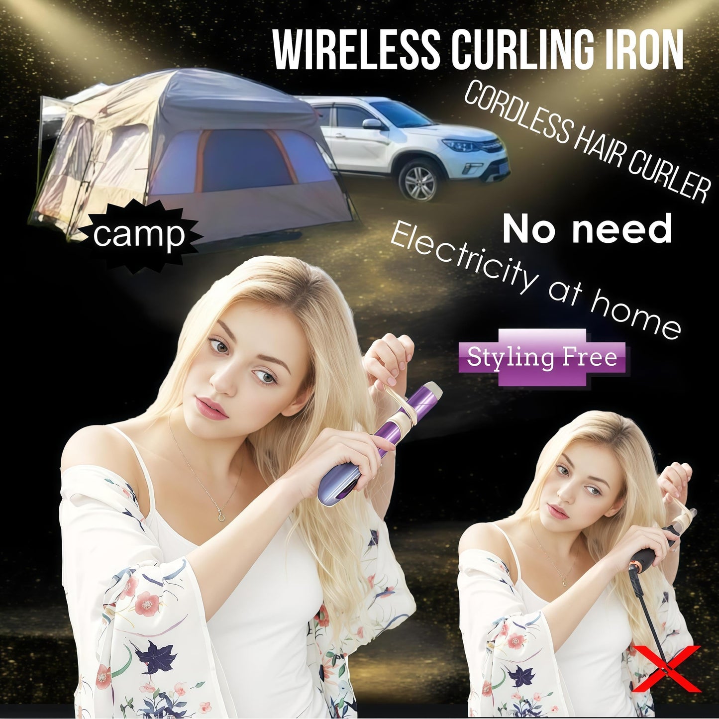 High-end Cordless Curling Iron Rechargeable, Portable USB Battery Operated Wireless Hair Curlers,Fast Heat-Up Curling Wand,Ideal for Home,Travel & Camping (Purple)