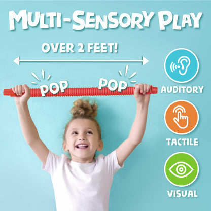 BUNMO Pop Tubes – Large 4-Pack Sensory & Fidget Tubes for Kids 3+ | Stretch, Connect & Pop | Creative STEM Play & Fine-Motor Practice | Vibrant Colors | Non-Mouthable Toy