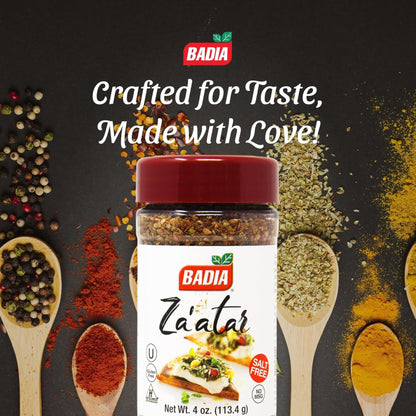 Badia Za'atar Mediterranean Seasoning Blend, 4 oz - Sesame Seeds, Sumac, Spices, Salt Free, Kosher, Halal, No MSG, Gluten Free