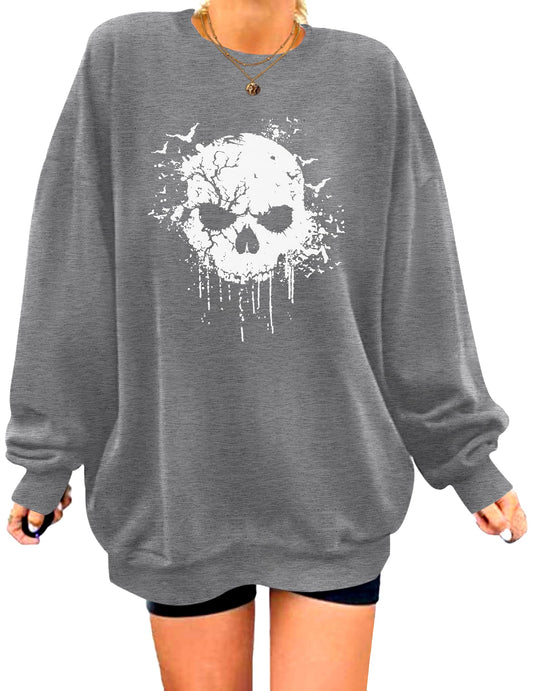 Zeagoo Women's Halloween Pumpkin Face Long Sleeve Sweatshirts Lightweight Casual Pullover Tops Grey Skull XL