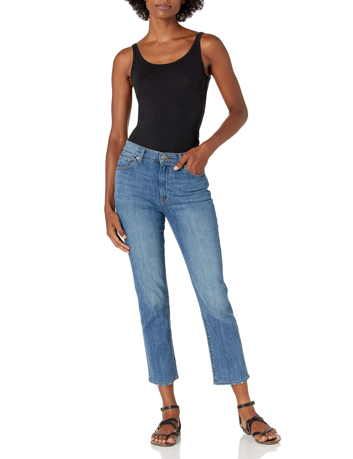 Amazon Essentials Women's Slim-Fit Thin Strap Tank Top, Pack of 2, Black/White, Small