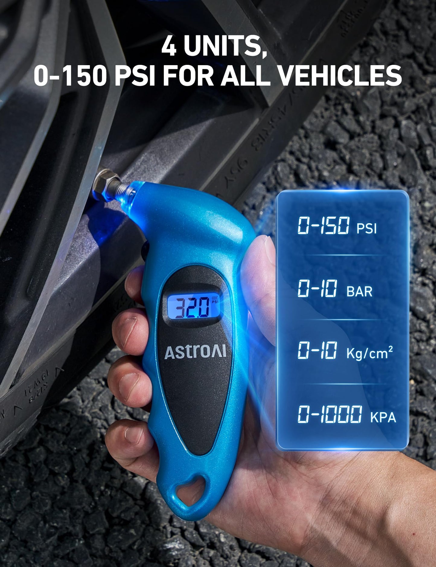 AstroAI Digital Tire Pressure Gauge 0-150PSI, Accurate in 0.1 Increments, Tire Pressure Gauge with Backlit LCD and Presta Valve Adaptor, 4 Units of Measurement for Car Truck Bicycle, Blue