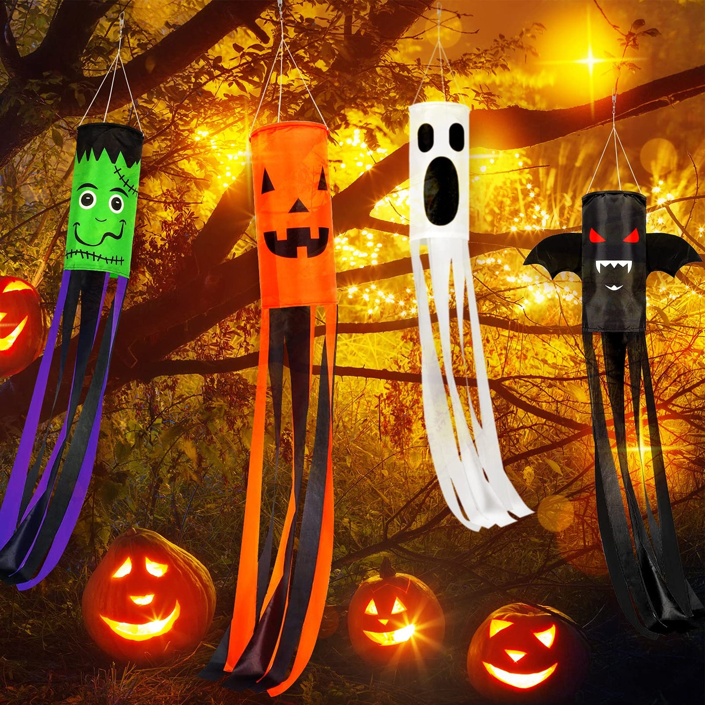 Whaline 4 Pieces Halloween Windsock Flag 39 in Spooky Cartoon Wind Socks Pumpkin Bat Ghost Monster Outdoor Hanging Decor Halloween Yard Signs for Home Patio Lawn Garden Tree Pathway Party Decoration