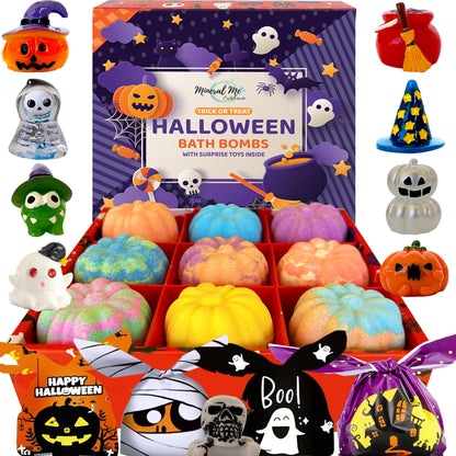 Bath Bombs for Kids with Surprise Toys Inside - Set of 9 Organic Halloween Bath Bombs, Gentle and Safe - Fizzy Balls with Rainbow Bubbles, Halloween Gifts for Kids