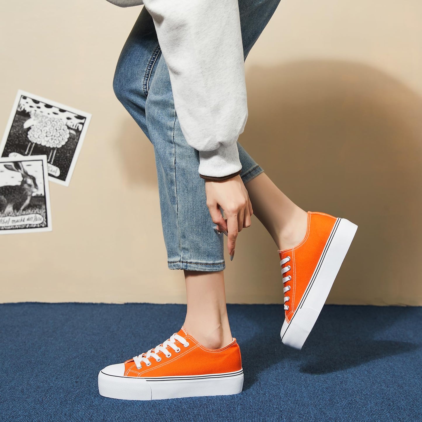 hash bubbie Platform Sneakers for Women White Platform Shoes Low Top Tennis Shoes Non Slip Black Fashion Canvas Sneakers(Orange.US8)
