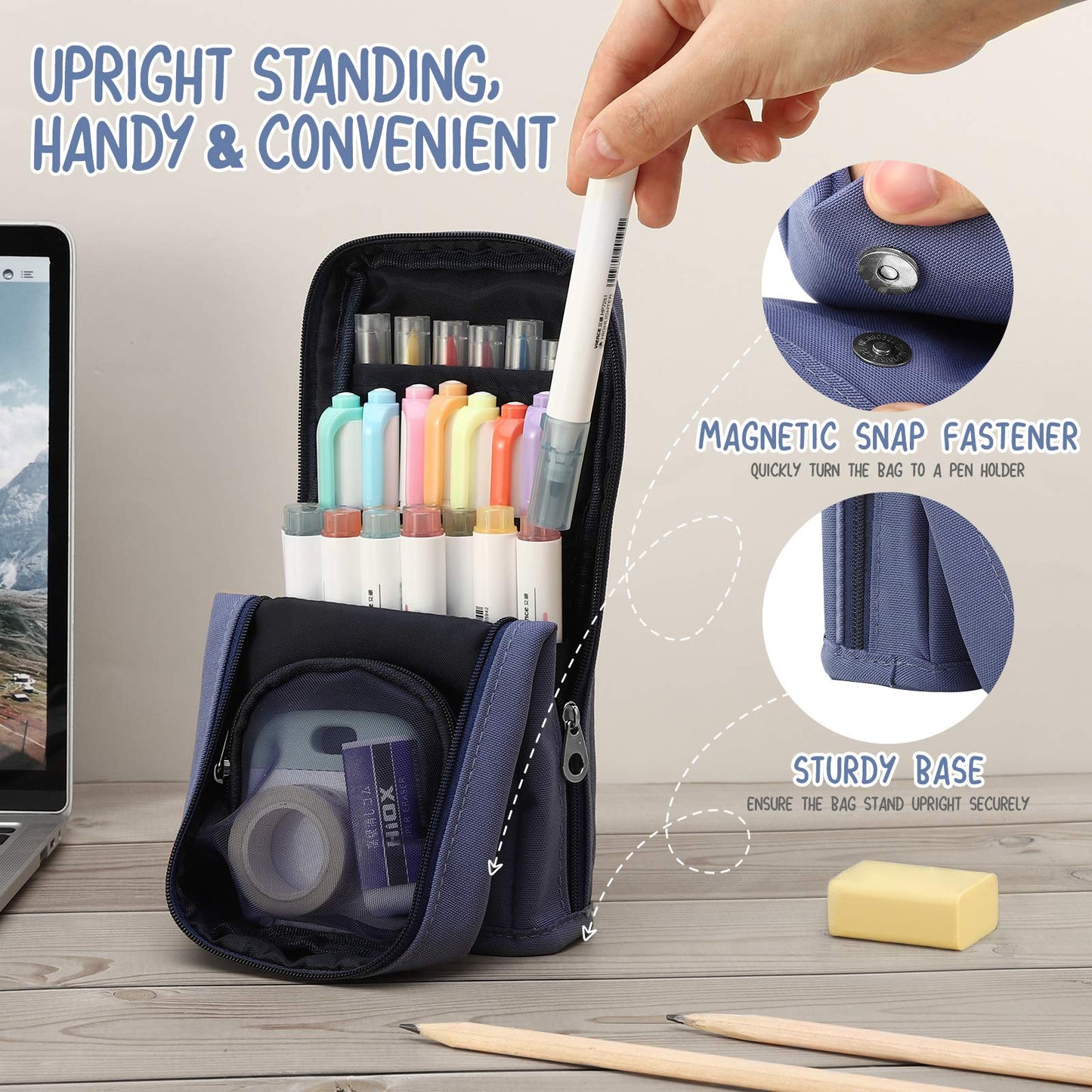 Housolution Standing Pencil Case Large Capacity Pen Bag, Multi-Layer Pen Pouch Pencil Holder Stationery Organizer, Polyester Pencil Bag Storage Box Desk Organizer, Blue