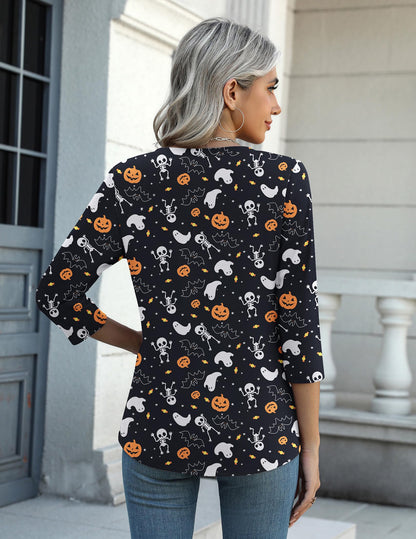 Zeagoo Halloween Pumpkin Shirts Women Fall T-Shirts Cute Autumn Graphic Tees Thanksgiving Tops Halloween Shirts 3/4 Sleeve V-Neck T Shirt