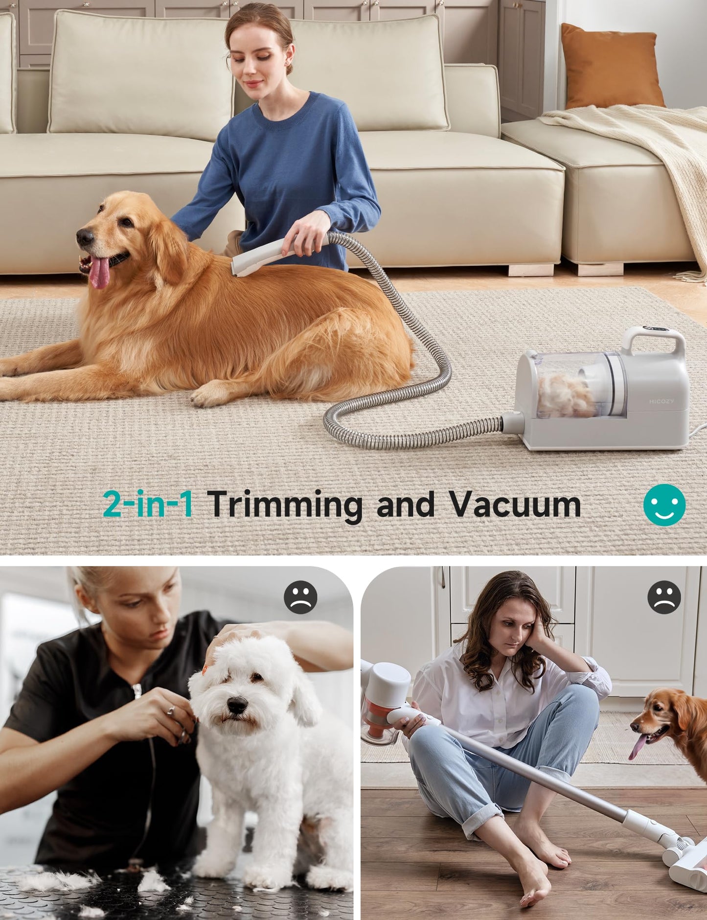 Hicozy S1+ Dog Grooming Vacuum, 12000Pa Minimum 50dB Quiet Dog Vacuum for Shedding Grooming with 2L Dust Cup, 6 Professional Pet Accessories with Clippers, Gray