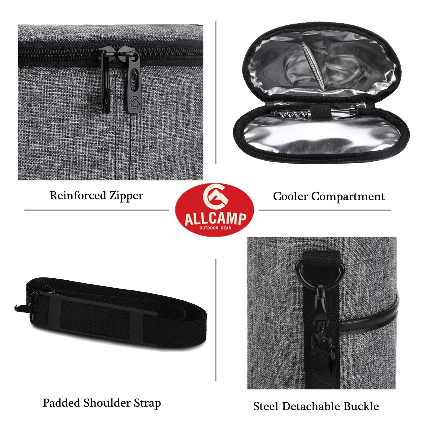 ALLCAMP 2 Bottle Wine Tote Carrier - Insulated Portable Padded Canvas Wine Bag for Travel, BYOB Restaurant, Wine Tasting, Party, Great Christmas Day Gift for Wine Lover，Gray