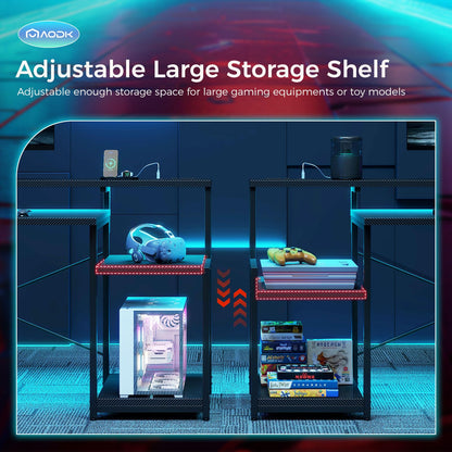 AODK Computer Desk, 48 Inch Gaming Desk with Led Lights & Power Outlet, Office Desk with Printer Storage Shelves, Reversible Desk with Monitor Shelf & Headphone Hook, Carbon Fiber Black