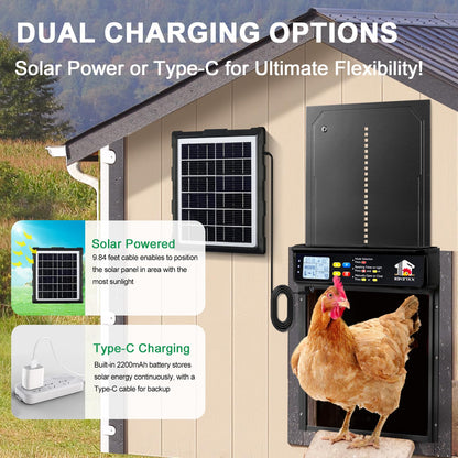 Automatic Chicken Coop Door Solar Powered with Timer, Light Sensor, Remote Control, LCD Display, Aluminum Alloy 4 Auto Modes Wide Chicken House Door, Anti-Pinch, Weatherproof, USB Backup, Black