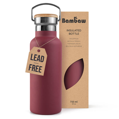 Bambaw 24 oz Insulated Stainless Steel Water Bottle, Red Berry - BPA Free, No Straw