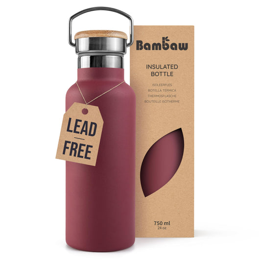 Bambaw 24 oz Insulated Stainless Steel Water Bottle, Red Berry - BPA Free, No Straw