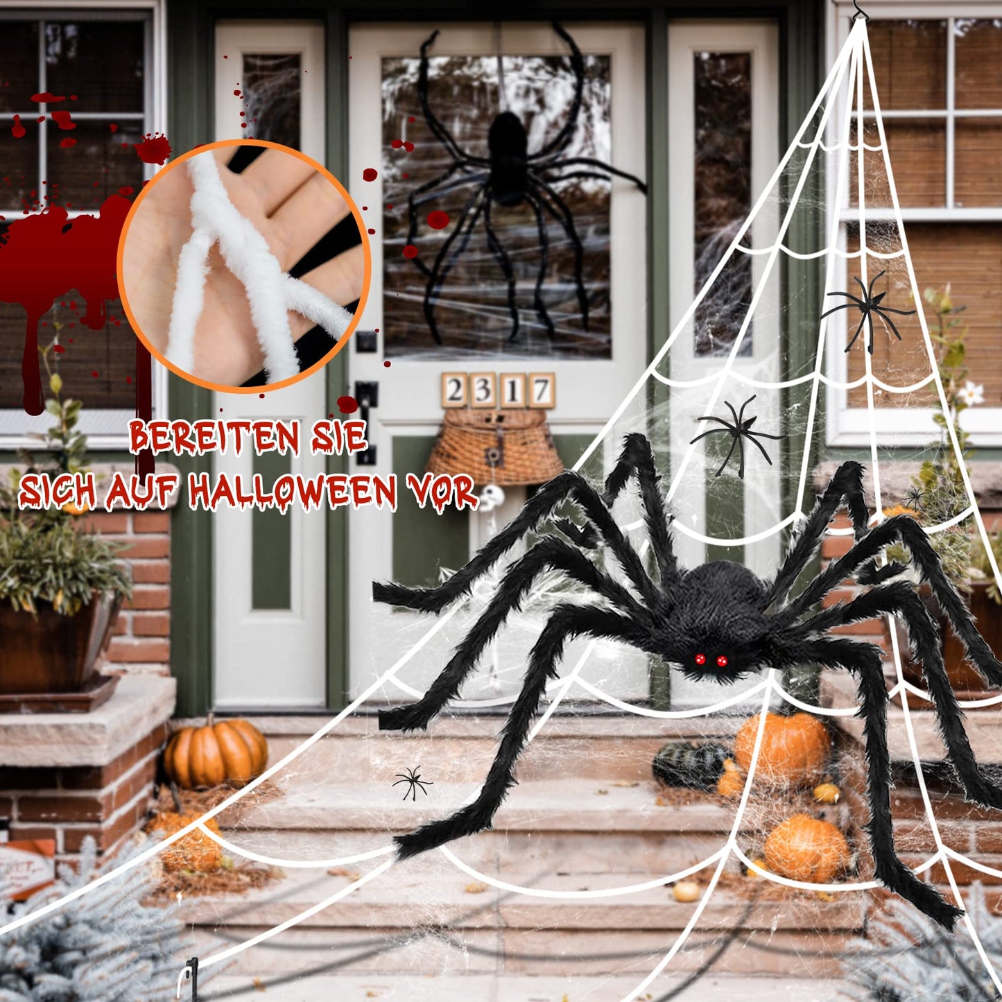 BOSONER Halloween Decorations Outdoor Spider Webs: 1Pcs Giant Spiders - 200'' Triangular Web with Hook - Stretch Web and Ground Stakes for Large Halloween Decor and Haunted House Decoration