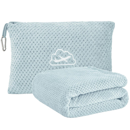 BEDELITE Travel Blanket and Pillow Set 2-in-1, Ultra-Soft Jacquard Fleece Blanket with Bag, Airplane Blanket with Luggage Sleeve & Backpack Clip Travel Essentials, Blue