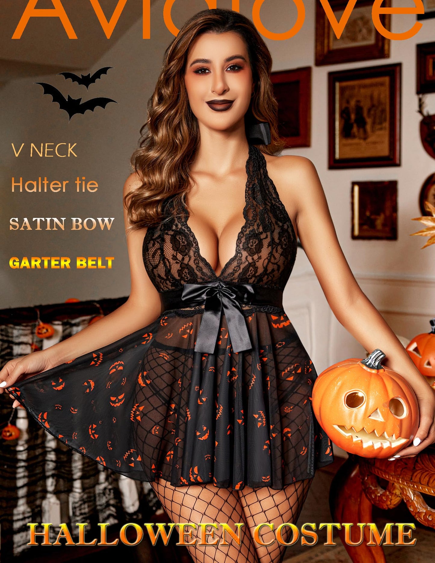 Avidlove Women's Lingerie Sexy Babydoll Sleepwear Halter V Neck Lace Chemise Halloween Graphic Lingerie M