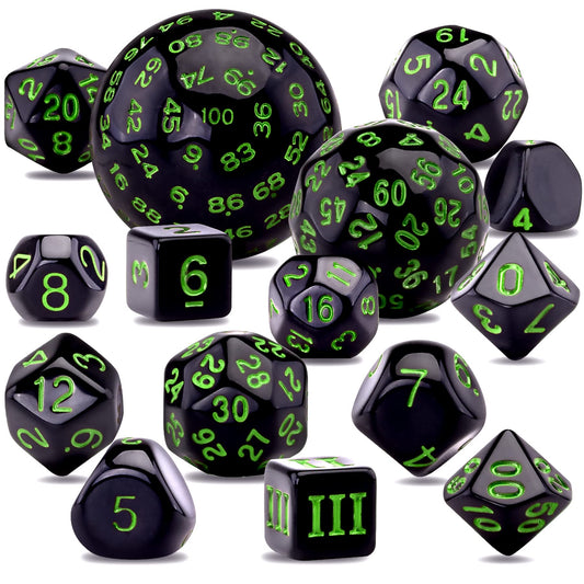AUSTOR 15 Pieces Complete Polyhedral Dice Set D3-D100 Game Dice Set with a Leather Drawstring Storage Bag for Role Playing Table Games(Black & Green)