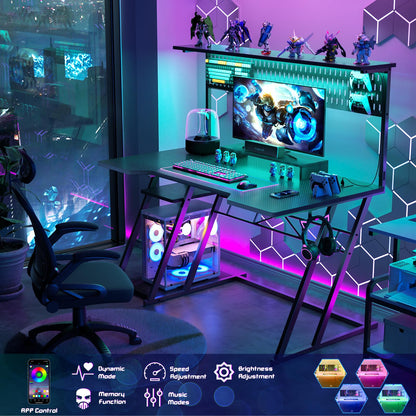 Armocity Gaming Computer Desk with Shelves and Outlets, Gaming Desk with Hutch and LED Lights, Reversible PC Gaming Desks with Pegboard, Carbon Fiber Black 47''