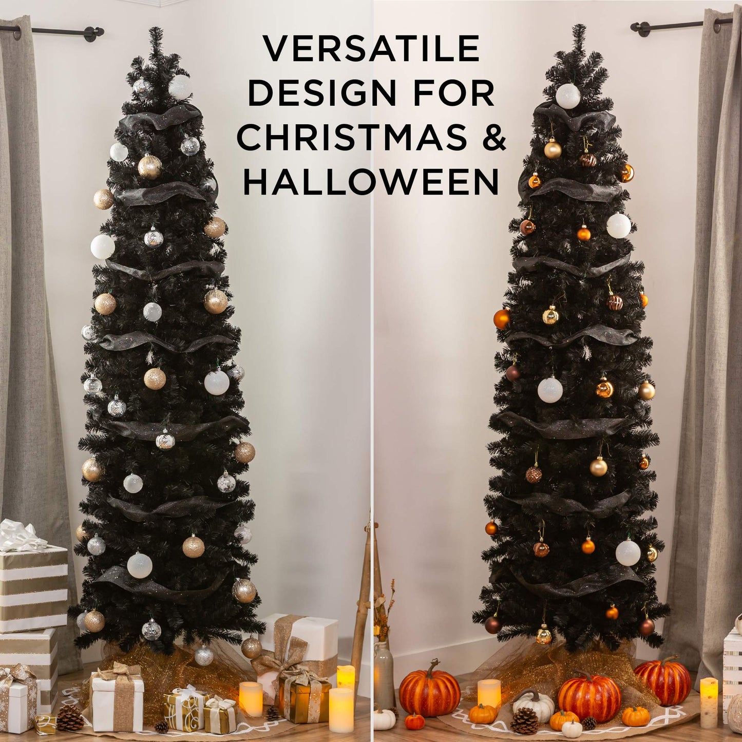 Best Choice Products 6ft Black Artificial Holiday Christmas Pencil Tree for Home, Office, Party Decoration w/ 608 Tips, Metal Hinges & Base