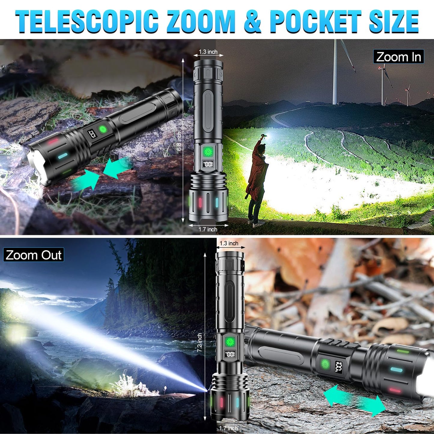 Hoxida Flashlights High Lumens Rechargeable - 1500 Meters Long Beam Super Bright LED Flash Light with Power Display & IPX5 Waterproof for Camping, 20H Runtime,Zoomable Handheld Flashlight-String