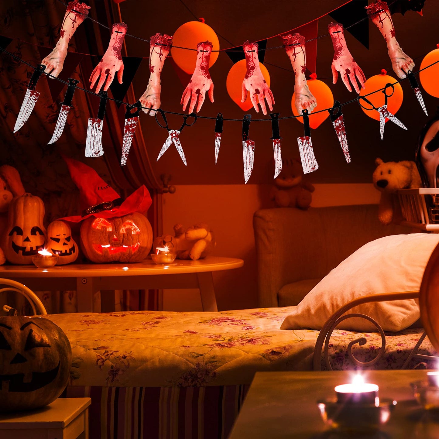 6 Sets Halloween Bloody Garland Banner, Include 48 Garland and 16 Fake Scary Broken Hands and Feet Hanging Decor, Halloween Party Decoration Scary Banner Supplies