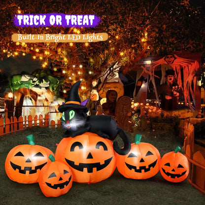 5FT Halloween Inflatable Pumpkin Outdoor Decoration, Lighted Blow Up Yard Decor, 5PCS Pumpkins with Witch’s Black Cat Built-in LED Lights for Balcony Home Holiday Party Lawn Patio Outside Events Prop