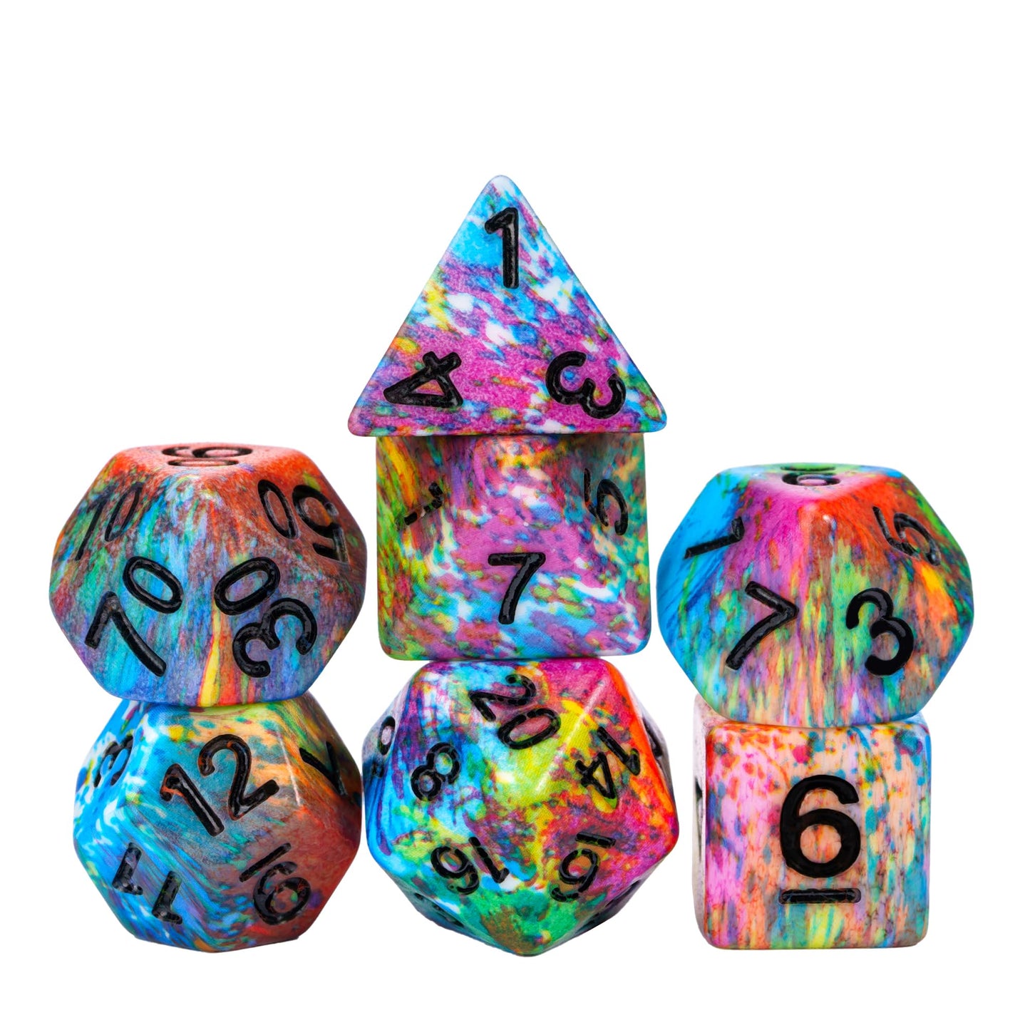 HDdais 7-Die Resin DND Dice Set, Vibrant Watercolor Pattern D&D Dice for Dungeons and Dragons, RPG Tabletop Games - Includes D4, D6, D8, D10, D12, D20, D%