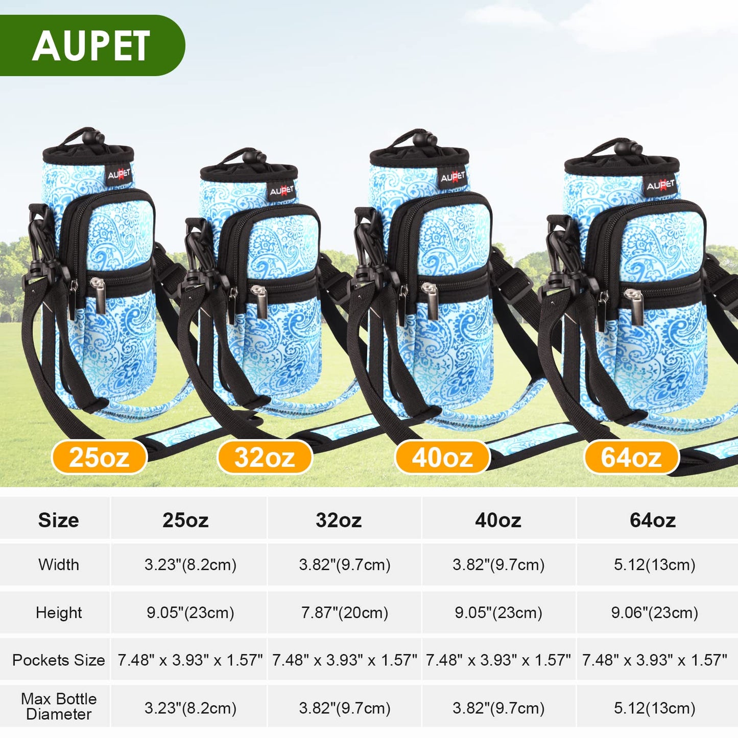 AUPET Water Bottle Sling Bag Sleeve Holder Carrier 25/32/40/64 oz,Insulated Crossbody Water Bottle Case Cover with Strap and Pockets for Men/Women Walking Hiking Camping (25oz, blue feather)