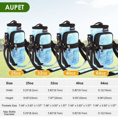 AUPET Water Bottle Sling Bag Sleeve Holder Carrier 25/32/40/64 oz,Insulated Crossbody Water Bottle Case Cover with Strap and Pockets for Men/Women Walking Hiking Camping (25oz, blue feather)