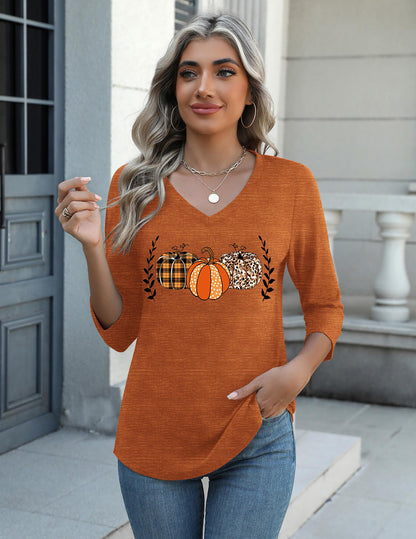 Zeagoo Halloween Pumpkin Shirts Women Fall T-Shirts Cute Autumn Graphic Tees Thanksgiving Tops Halloween Shirts 3/4 Sleeve V-Neck T Shirt