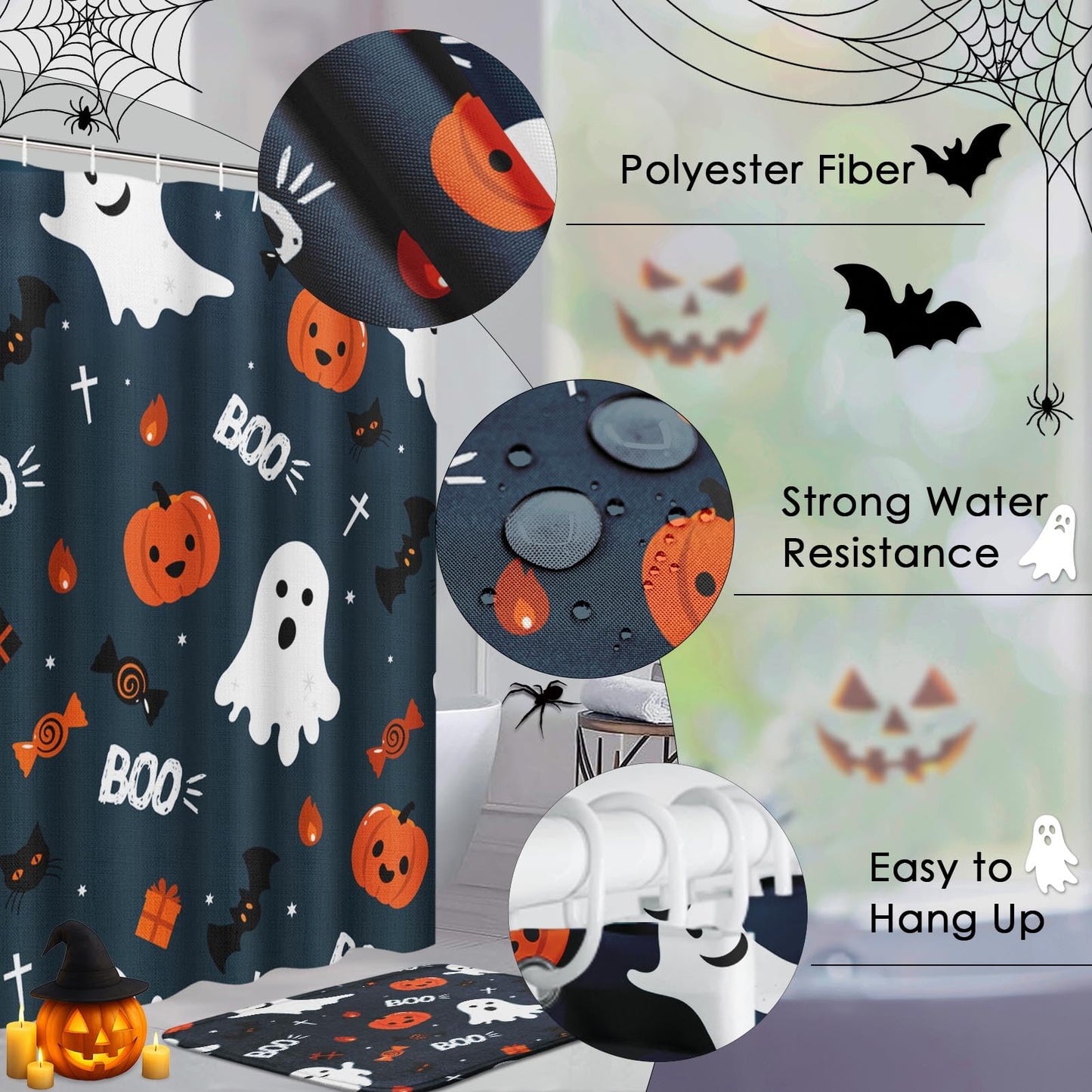 ArtSocket Fun Halloween Cute Ghosts Bathroom Set with Shower Curtain and Rugs Accessories, Pumpkins Halloween Spooky Spooky Shower Curtain for Bathroom Decor 4 Pcs