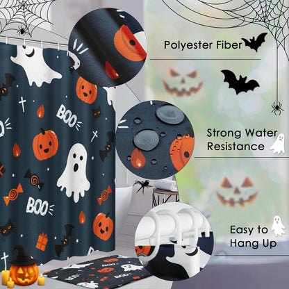ArtSocket Fun Halloween Cute Ghosts Bathroom Set with Shower Curtain and Rugs Accessories, Pumpkins Halloween Spooky Spooky Shower Curtain for Bathroom Decor 4 Pcs