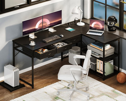 AODK 53 Inch L Shaped Computer Desk with Drawers, Corner Desk with Power Outlets & Reversible Storage Shelves, Movable CPU Stand for Home Office Gaming, Black