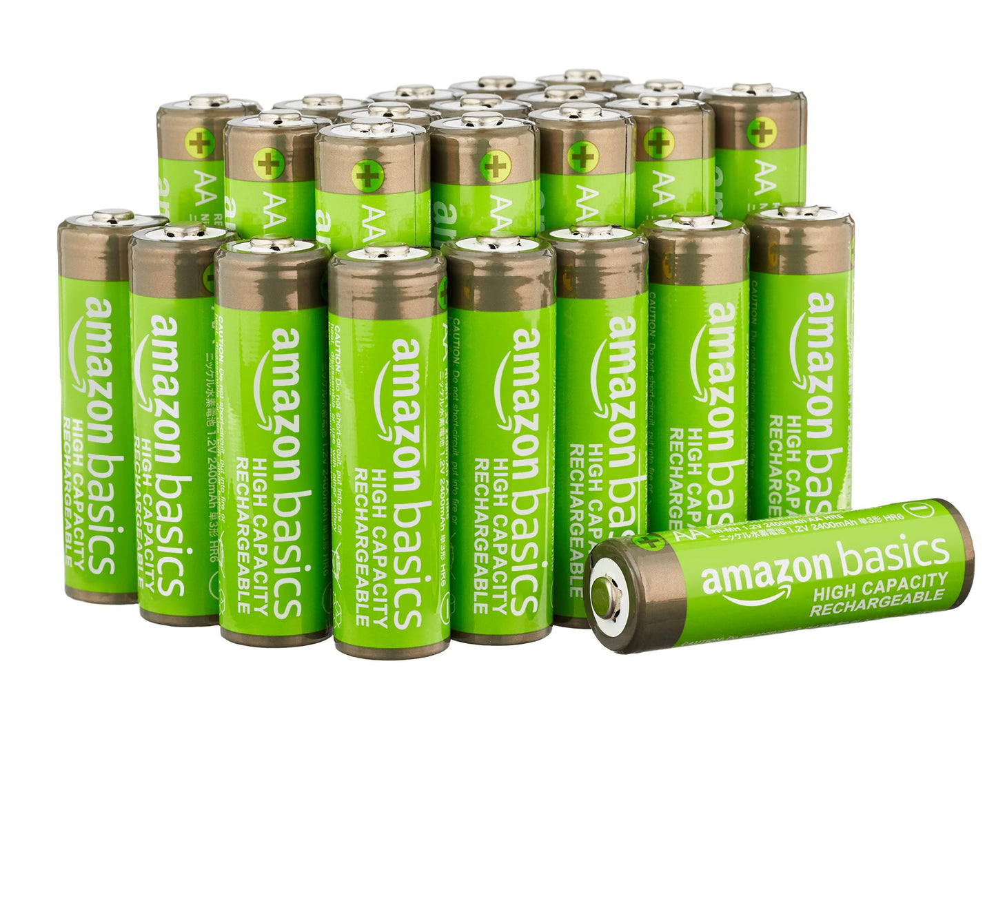 Amazon Basics 24-Pack Rechargeable AA NiMH High-Capacity Batteries, 2400 mAh, 1.2V, Recharge up to 400x Times, Pre-Charged