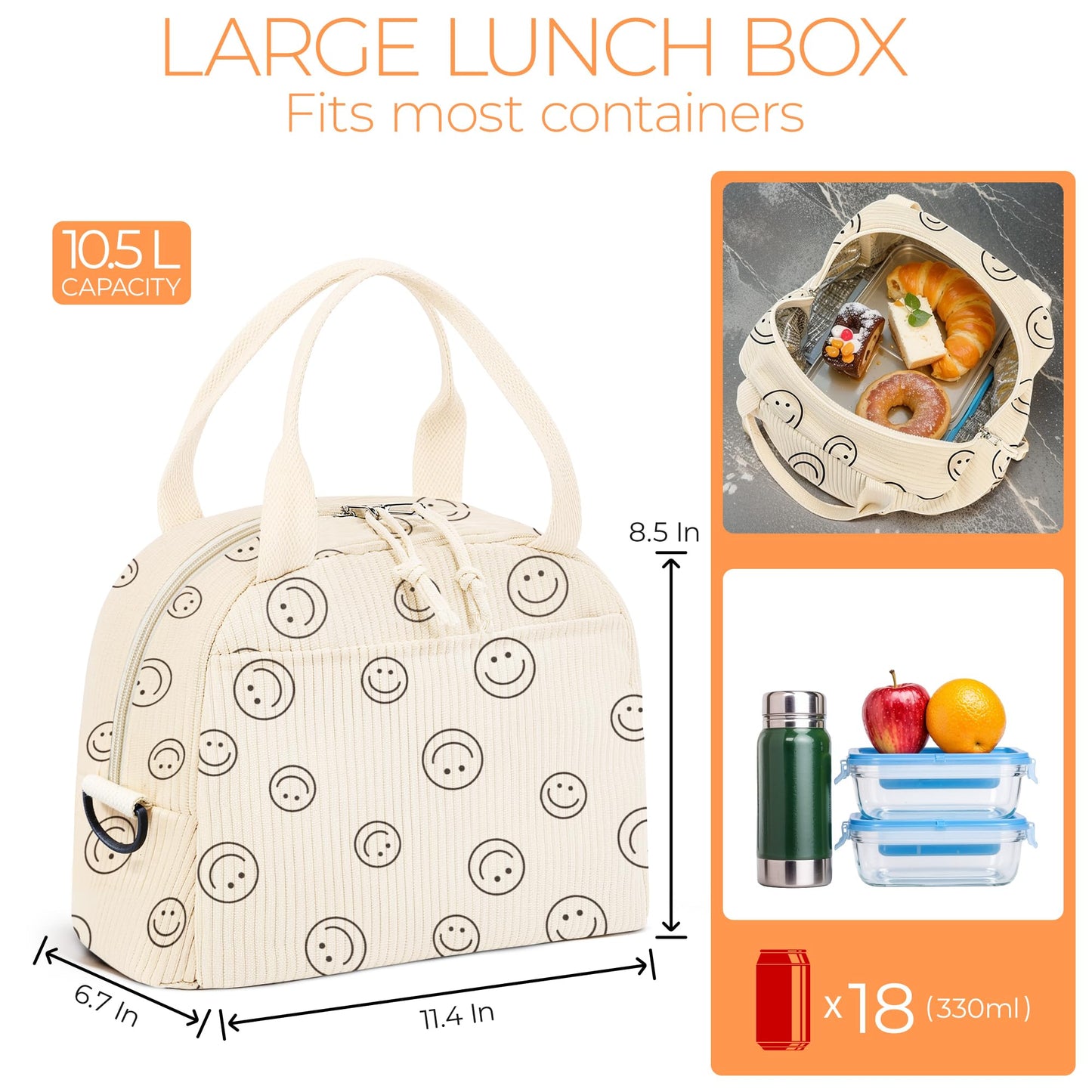 WOBAGMEN Lunch Box for Women,Smiley Lunch Bag Cute Corduroy Insulated Lunch Box With Shoulder Strap for Adult Womens for Work Picnic(smiley)